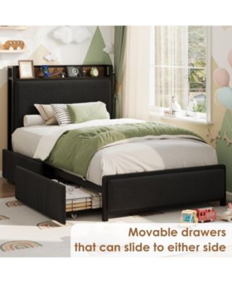 Twin XL Platform Bed Frame with Storage Headboard and Charging Station, 2 Drawers, Noise-Free, No Box Spring