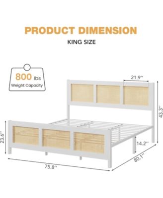King Rattan Bed Frame Headboard Boho Platform Metal Slats Noise Free No Box Spring