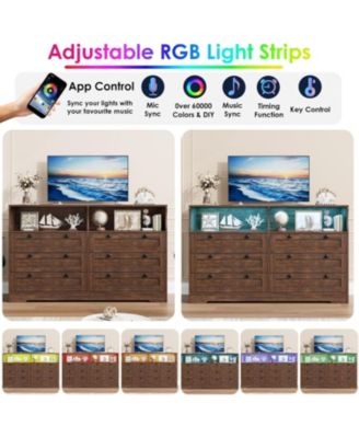 6 Drawer 55 Inch Bedroom Dresser with LED Lights Plus Power Outlet Modern Wood TV Dresser Storage Organizer