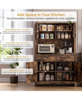 Retro Color Kitchen Pantry Cabinet with Microwave Stand and Coffee Bar 4 Doors