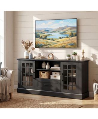 Farmhouse TV Stand for TVs up to 70'' Entertainment Media Center Storage Cabinet w/Glass Doors