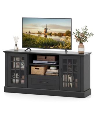 Farmhouse TV Stand for TVs up to 70'' Entertainment Media Center Storage Cabinet w/Glass Doors