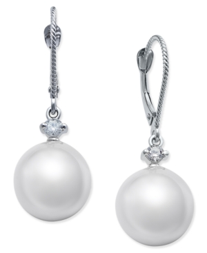 image of Cultured White South Sea Pearl (11mm) and Diamond (1/6 ct. t.w.) Drop Earrings in 14k White Gold