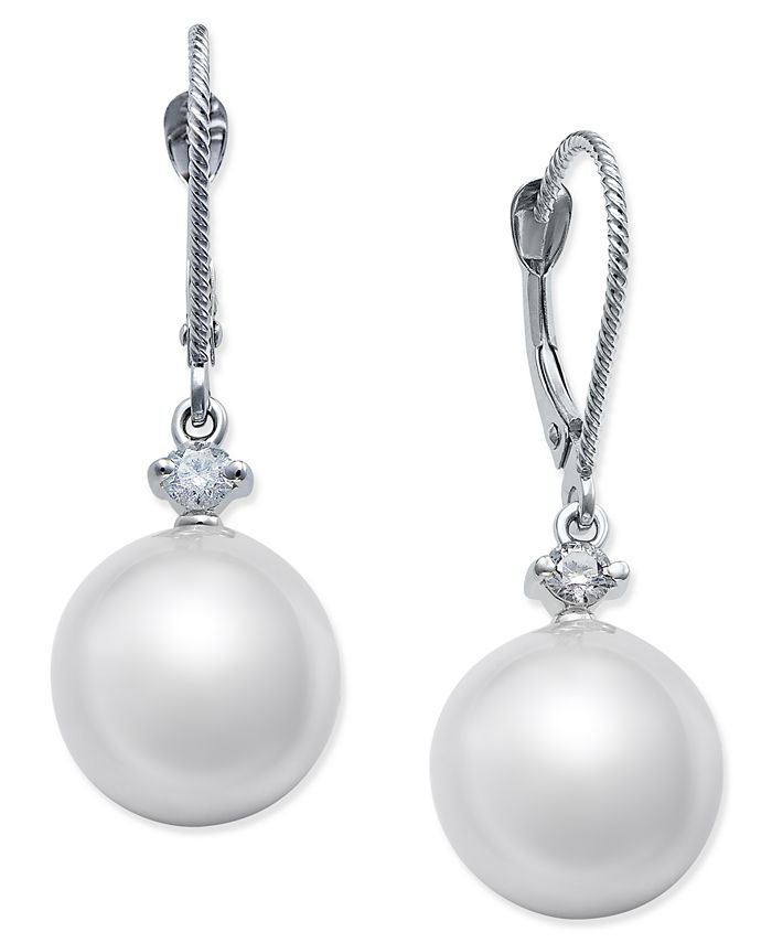 Macy's - Cultured White South Sea Pearl (11mm) and Diamond (1/6 ct. t.w.) Drop Earrings in 14k White Gold