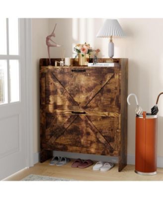 Narrow Freestanding Shoe Storage Cabinet with 2 Flip Drawers