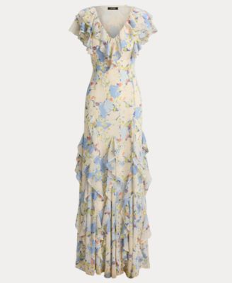 Floral Ruffle-Trim Georgette Gown