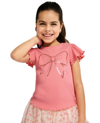 Girls' 4-6X Flutter Sleeve Ribbed Top and Printed Tulle Skort, 2-Piece Set