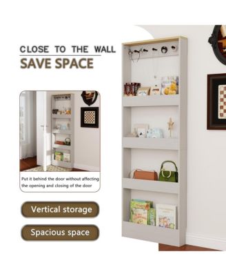 Behind Door Bookshelf - Wooden Slim Tall Bookcase with 4-Tier Shelves and 5 Hooks, Narrow Storage Cabinet for Living Room, Study Room