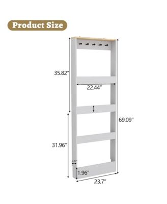 Behind Door Bookshelf - Wooden Slim Tall Bookcase with 4-Tier Shelves and 5 Hooks, Narrow Storage Cabinet for Living Room, Study Room