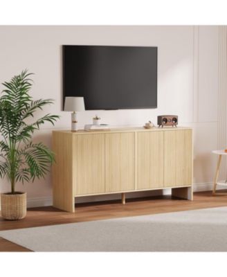 58" Fluted Oak Sideboard Buffet Cabinet with Storage, Large Buffet Cabinet with 4 Doors and Adjustable Shelves