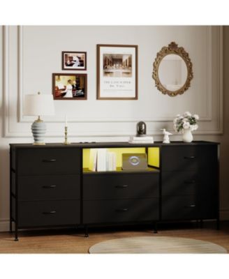 TV Stand Dresser for 45-65 Inch TV, Entertainment Center with LED Lights, 8 Fabric Drawers, Metal Frame Storage Cabinet