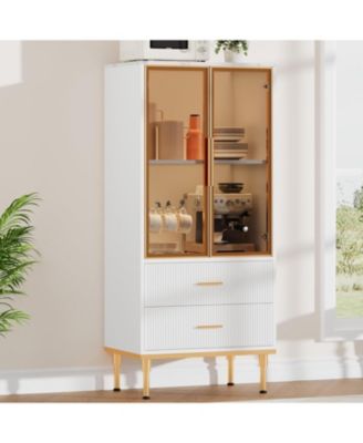 Fluted Pantry Cabinet with Glass Door and 2 Drawers, Kitchen Pantry Storage Cabinet with Adjustable Shelves, Modern Display Sideboard