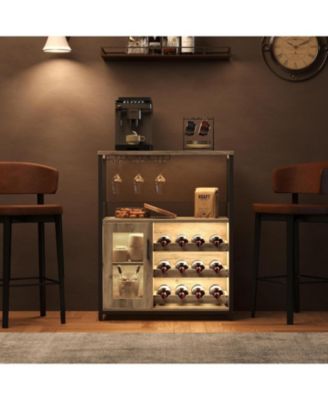 Wooden Wine Bar Cabinet with LED Light, Adjustable Shelves, Glass Holders & Mesh Door, Compact Sideboard