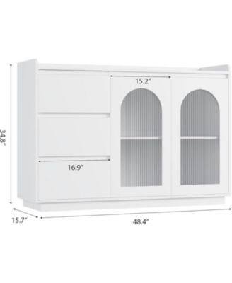 48 Inch  Sideboard Buffet Cabinet with Glass Doors Three Drawers Adjustable Shelves and LED Lights for Kitchen Dining and Living Room