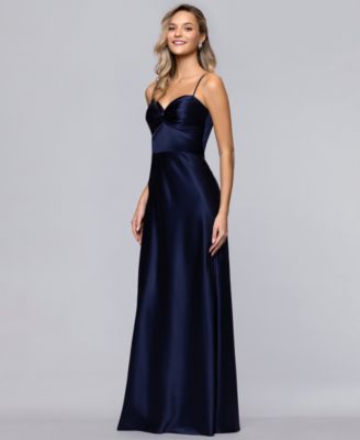 Twist Bodice Satin Tie Back Floor Length Gown