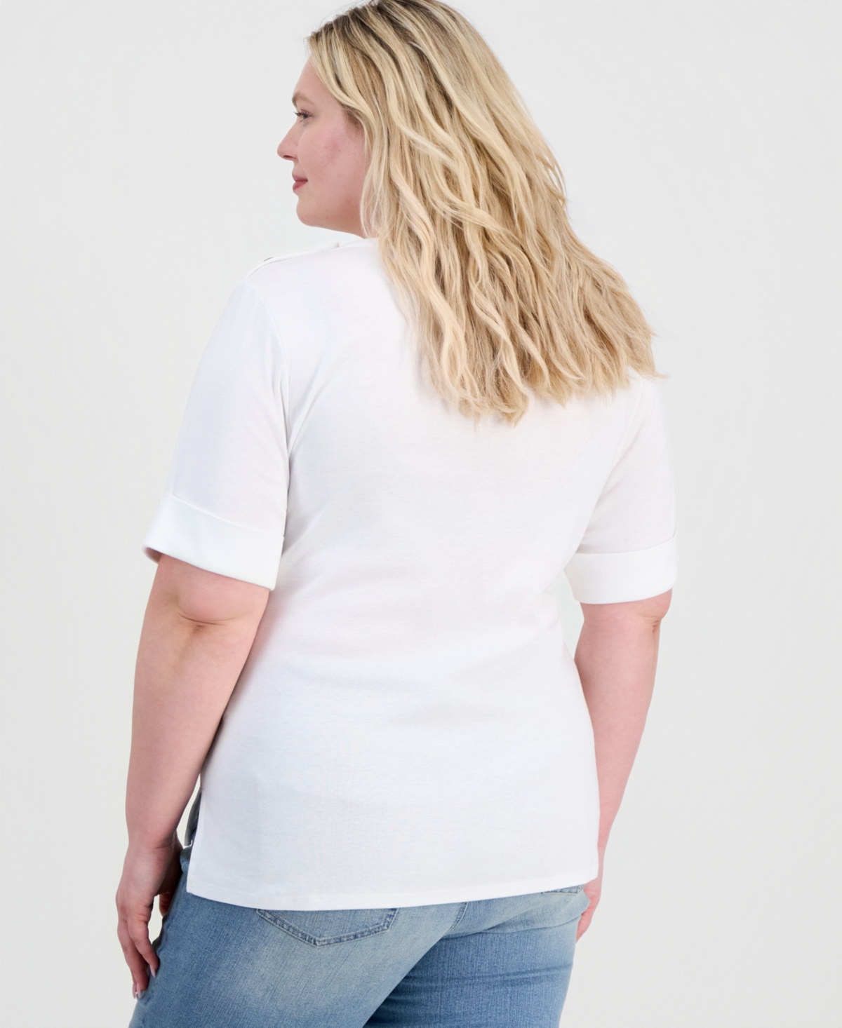 Style & Co Plus Size Button-Shoulder Cuffed Elbow-Sleeve Top, Macy's Exclusive