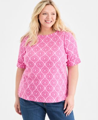 Plus Printed Boat-Neck Elbow-Sleeve Top