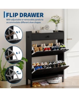 Compact Shoe Storage Cabinet with 2 Hollow-Panel Flip Drawers and Top Drawer