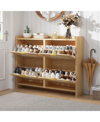 Rattan Shoe Storage Cabinet with 4 Flip Drawers, Free Standing Narrow Shoe Organizer Cabinet with Rattan Doors, Wooden Shoe Rack