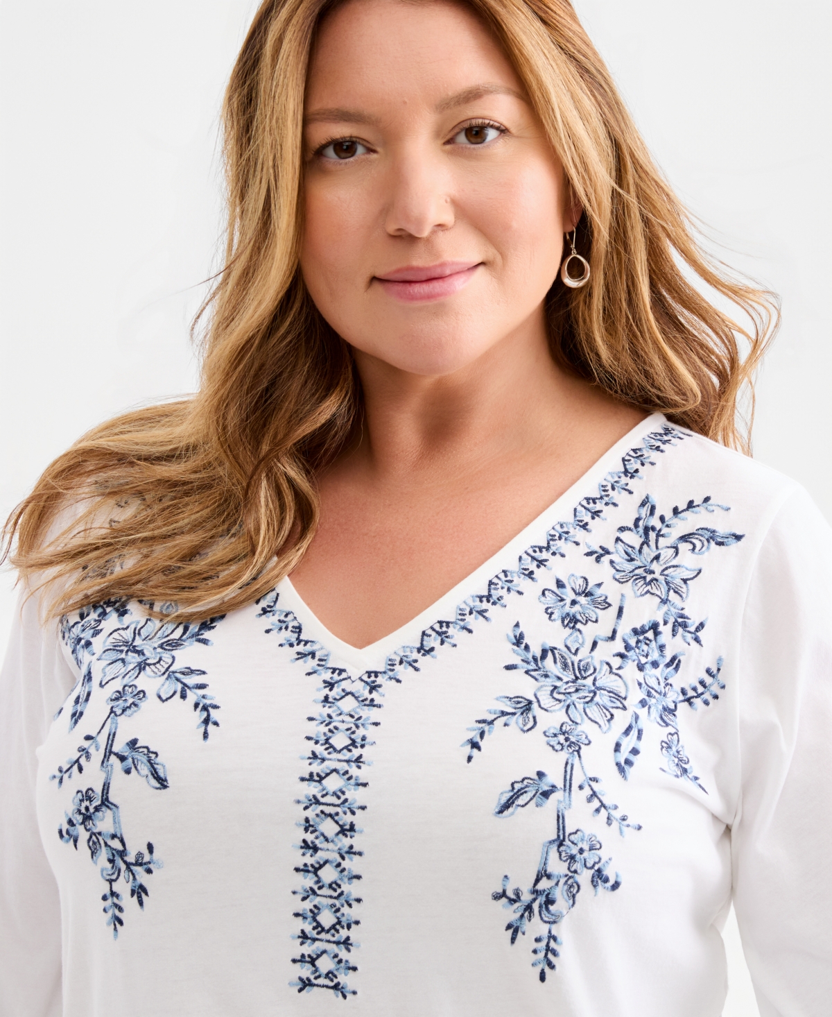 Style & Co Plus Embroidered Split-Neck 3/4-Sleeve Top, Macy's Exclusive