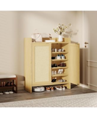 Freestanding Wooden Rattan Shoe Cabinet with Adjustable Shelves, Light Wood