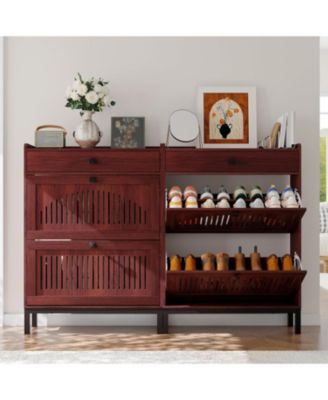 Modern Shoe Cabinet with 2 Flip Drawers, Top Drawer and   Square Handles