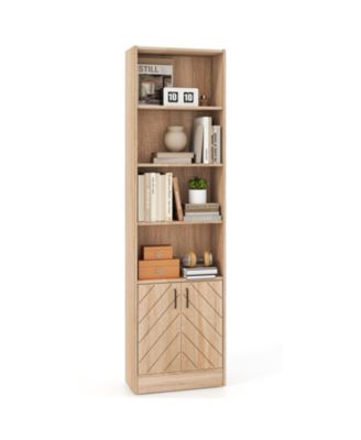 71 Inch 6-Tier Tall Bookshelf with Double Doors 4 Open Cubes-Oak