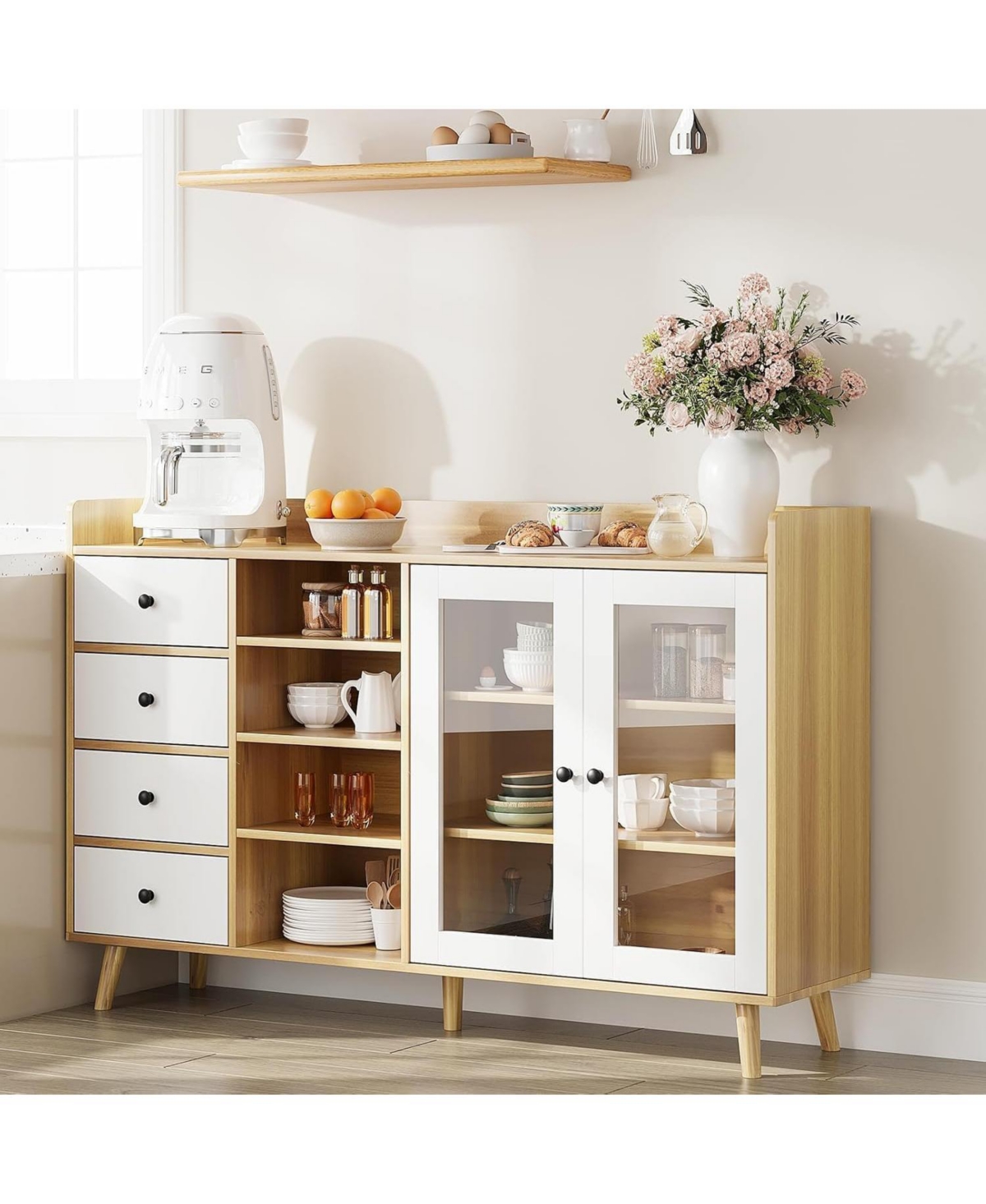 Farmhouse Sideboard Buffet Cabinet with Adjustable Shelves Glass Doors and Open Storage for Kitchen Dining and Entryway Wood