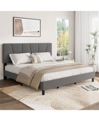 King Size Linen Upholstered Platform Bed Frame with Adjustable Headboard, Wooden Slats Support, No Box Spring Needed, Easy Assembly