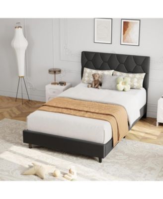 Twin Size Platform Bed Frame with Adjustable Upholstered Headboard, Wooden Slats Support, Modern Style, Easy Assembly