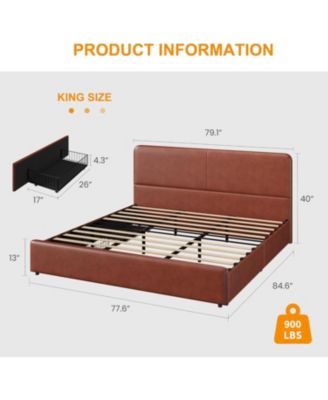 King Upholstered Platform Bed Frame with Headboard & Storage Drawers, Wood Slats Support, Noise Free