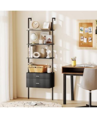 6-Tier Ladder Bookcase with 2 Drawers and Metal Frame