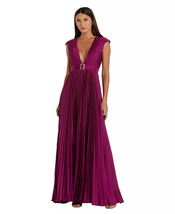 Women's Ieena Pleated Plunge Neck Belted Satin Gown