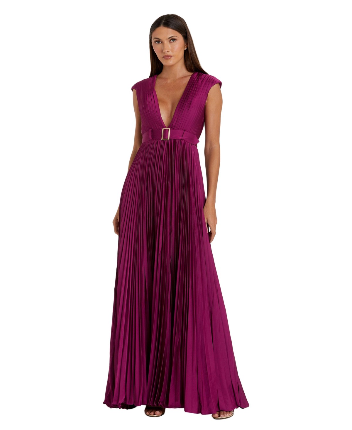 Женские платья Mac Duggal Women's Ieena Pleated Plunge Neck Belted Satin Gown — фото 1