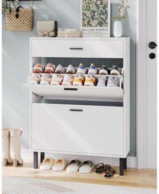 Narrow Freestanding Wooden Shoe Cabinet with 3 Drawers and Adjustable Shelves