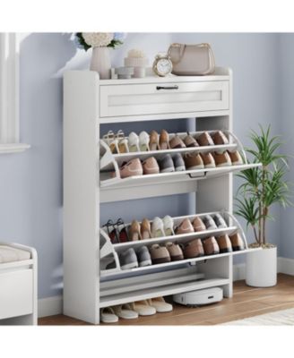 Shoe Cabinet with 2 Flip Drawers & 1 Top Drawer, Wooden Shoe Organizer Cabinet with Adjustable Shelf, Freestanding Shoe Storage Cabinets