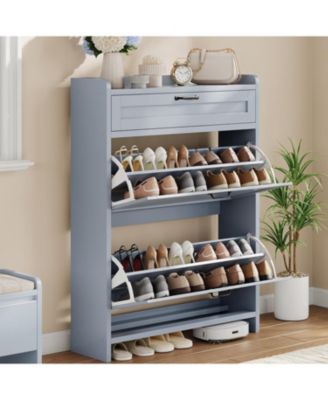 Shoe Cabinet with 2 Flip Drawers & 1 Top Drawer, Wooden Shoe Organizer Cabinet with Adjustable Shelf, Freestanding Shoe Storage Cabinets