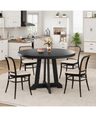 Round Dining Table for 4-6, 47" Kitchen/Living Room Table, Pedestal, Black, Space-Saving Wooden Table