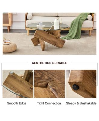 Round Glass Top Coffee Tables, Modern Unique Center Table with Crossed Wood Legs for Living Room