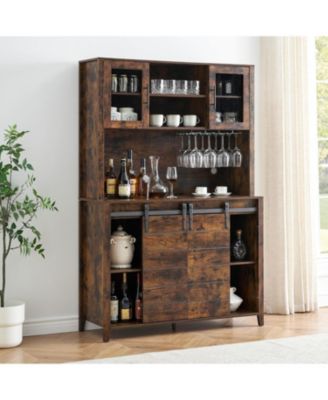 70'' Tall Farmhouse Coffee Bar Cabinet, Kitchen Hutch Storage with Sliding Barn Door