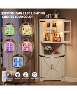 67inch Tall Corner Storage Cabinet with Lights Farmhouse Corner Hutch Display Cabinet with Glass Doors