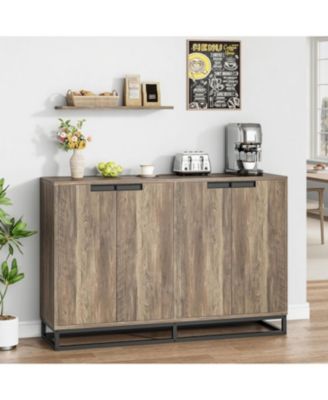 55 Inch Buffet Storage Cabinet with Four Doors Adjustable Shelves and  Metal Handles Modern Farmhouse Style