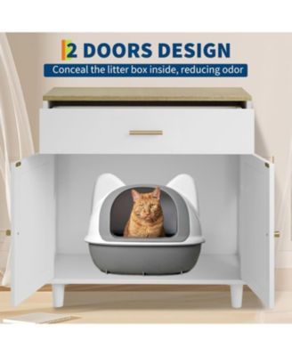 Hidden Cat Litter Box Enclosure Furniture, 31.5" Wooden Dog Proof Cat Litter Box Enclosure Cabinet with Drawer and 2 Sisal Doors
