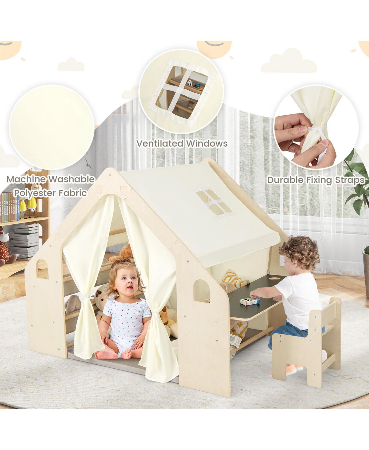 Детская игрушка Gymax 6-in-1 Wooden Kids Playhouse Play Tent, Ages 2+, цвет: Натуральный — фото 7