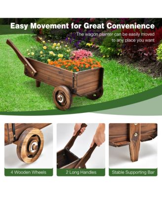 Decorative Wagon Cart Plant Flower Pot Stand Wooden Raised Garden Planter Box