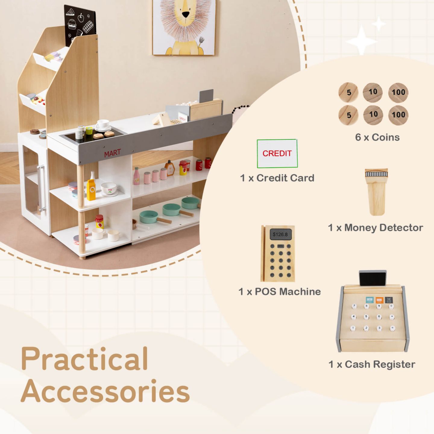 Детский игровой набор Costway Supermarket Interactive 8-Piece Shopping Playset, Ages 3+, цвет: Натуральный — фото 11