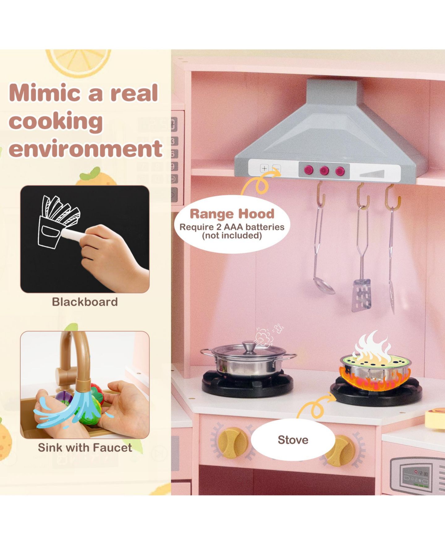 Детские игрушки SUGIFT Corner Wooden Play Kitchen with Lights and Sounds Large Pretend Play Kitchen Set, цвет: Розовый — фото 6