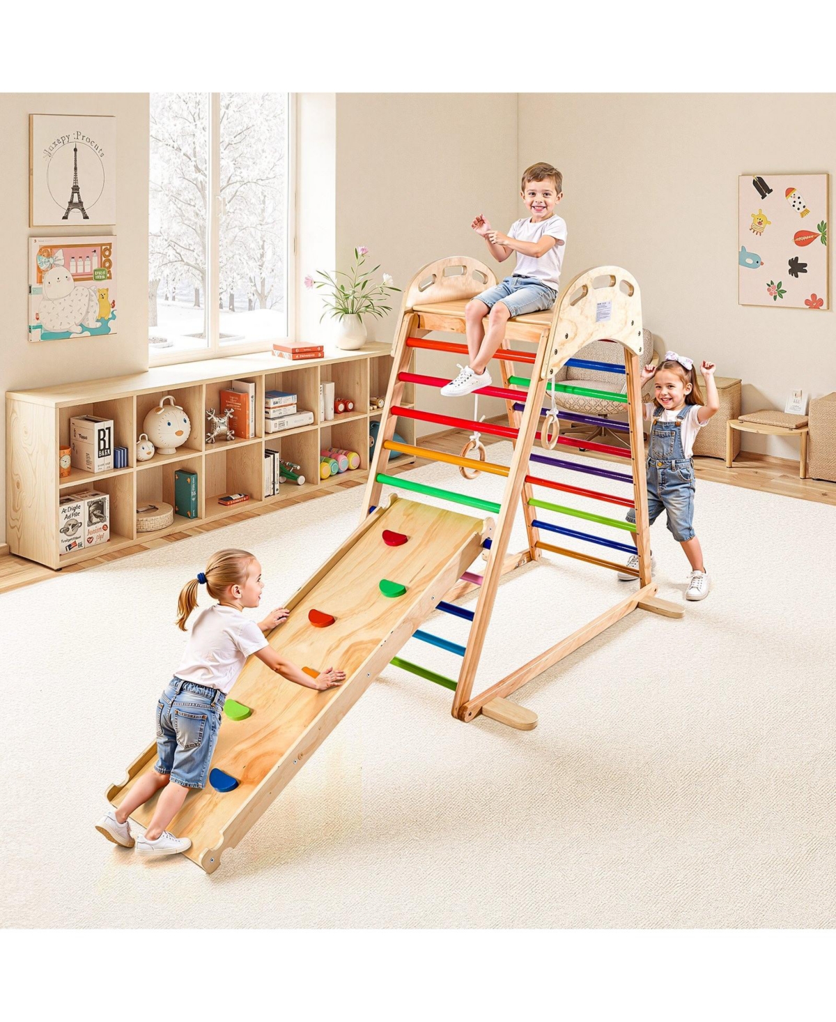 Mecale Indoor Playground Jungle Gym, 4-in-1 Wooden Playset with Climbing Rock, Slide, Ladder and Gym Rings, 220 lb Capacity