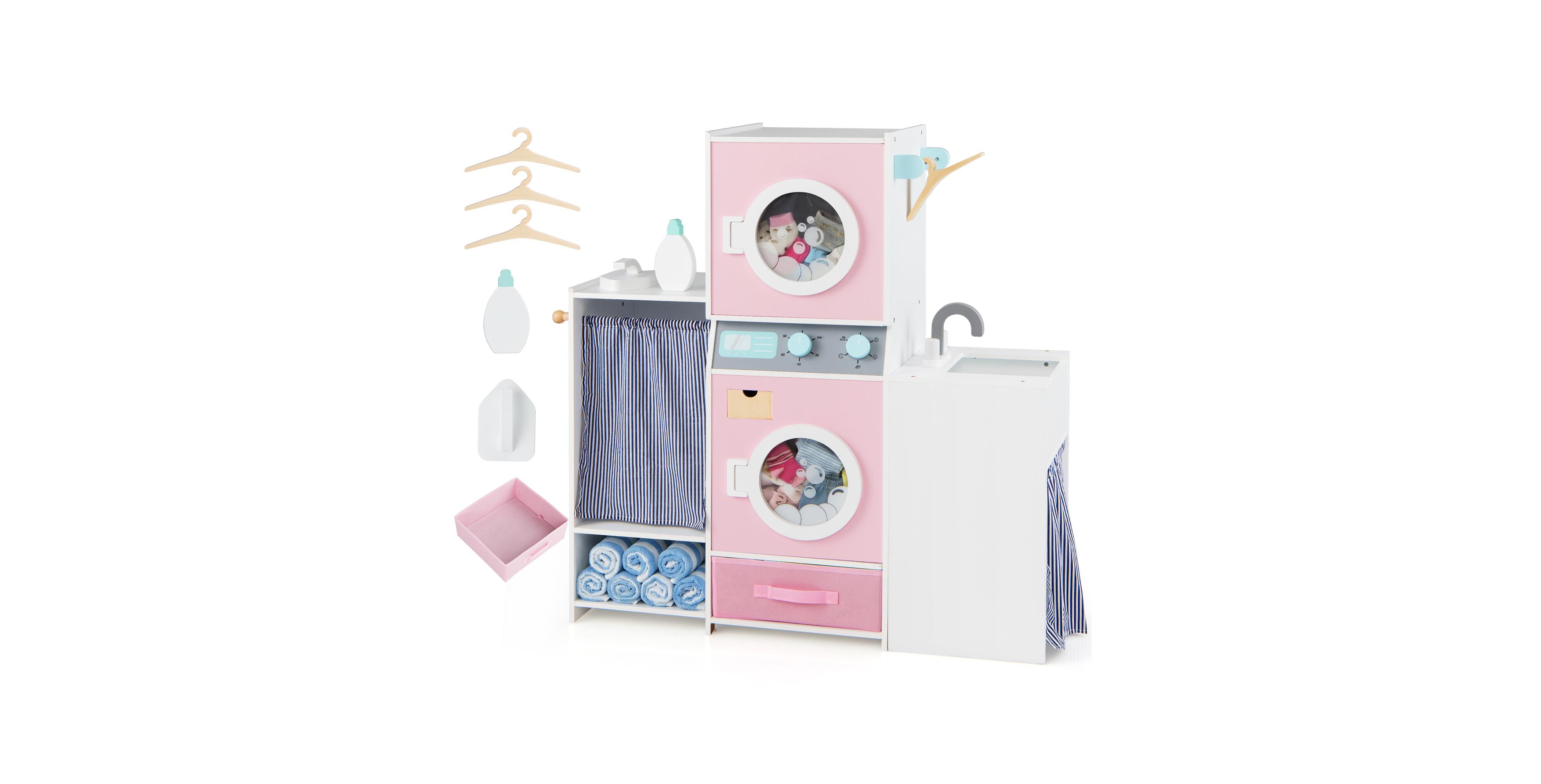 Mecale Wooden Kids Laundry Playset with Detergent Bottle & Clothes Hangers for Pretend Play