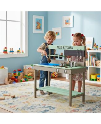 Kids Play Kitchen, Wood Mud Kitchen with Water Play Set & Cooking Toys for Outdoor, Gift for 3-8